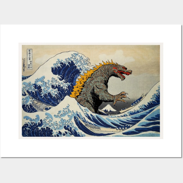 Godzilla vs the great wave off kanagawa Wall Art by Teessential